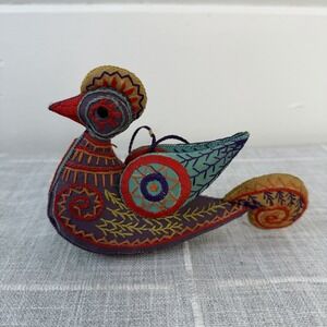 Boho Embroidered Bird Ornament Fabric Folk Art Handmade